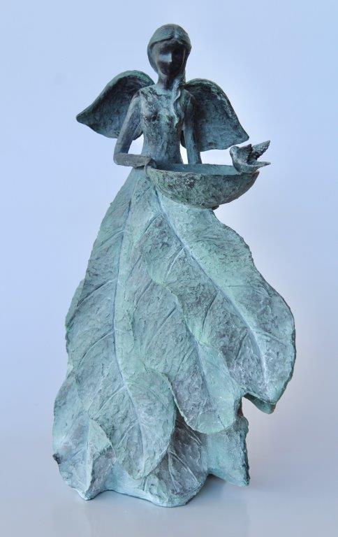 Extra Large Green Leaf Dress Lady Holding Bird Bath